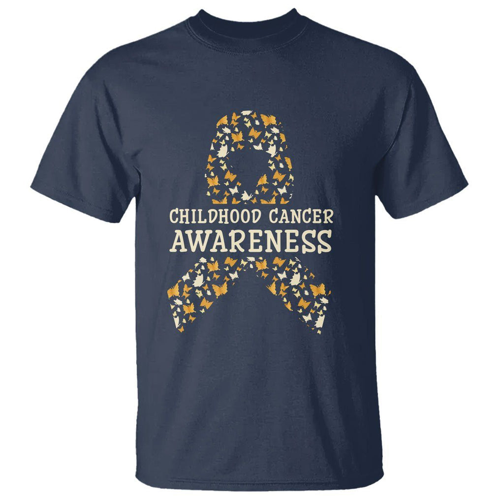 Childhood Cancer Awareness T Shirt Butterfly Gold Ribbon Support Raise TS02 Navy Printyourwear