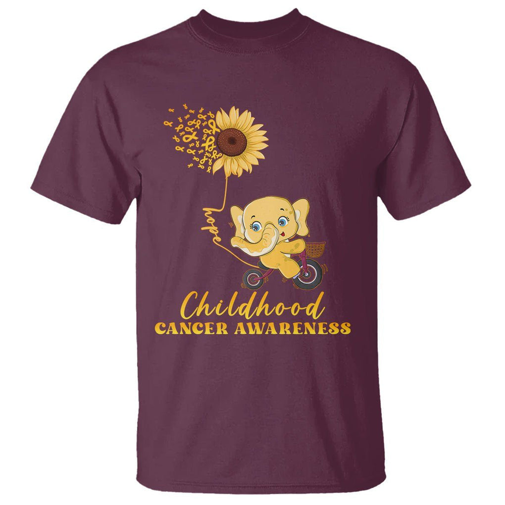 Childhood Cancer Awareness T Shirt Elephant Sunflower Gold Ribbon TS02 Maroon Printyourwear