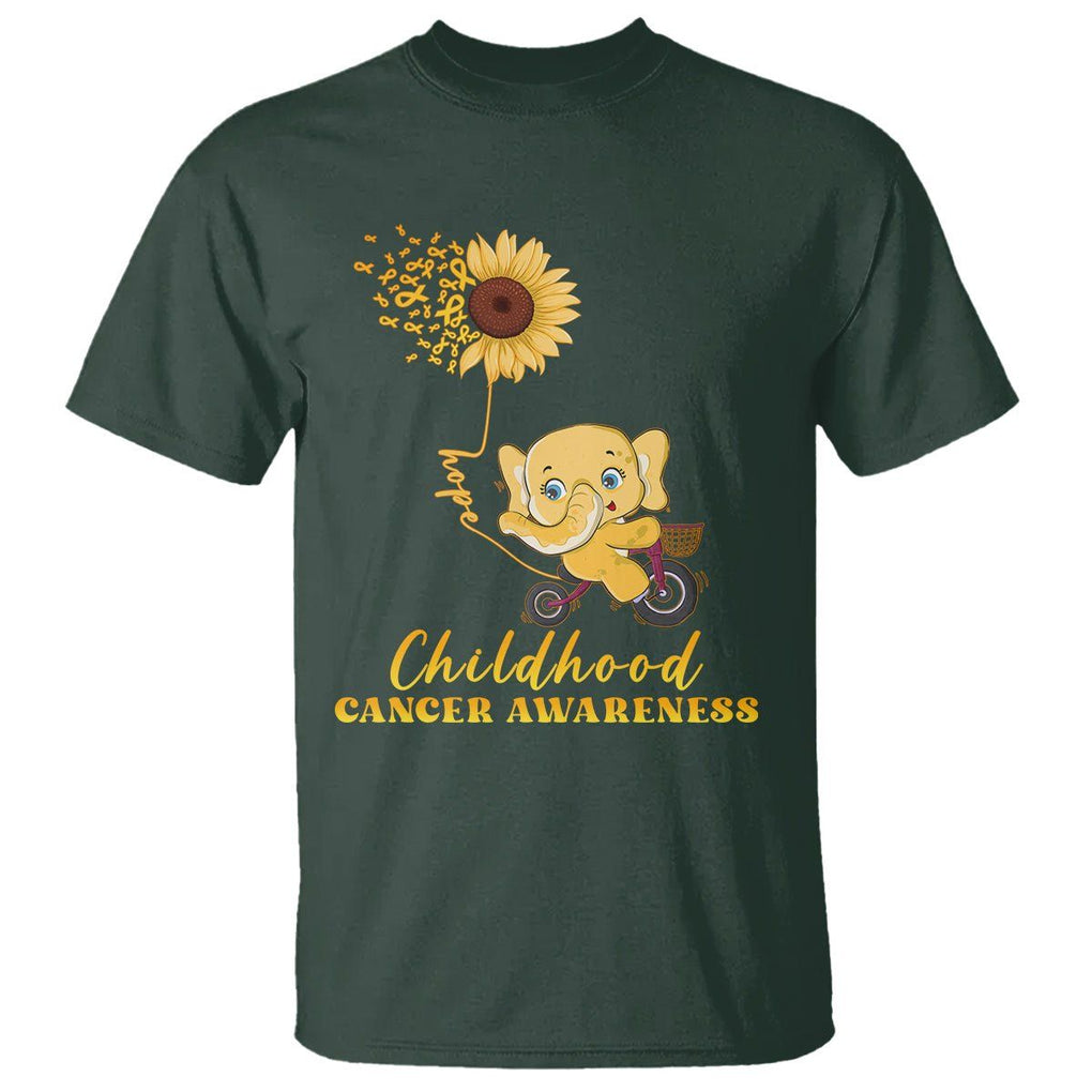 Childhood Cancer Awareness T Shirt Elephant Sunflower Gold Ribbon TS02 Dark Forest Green Printyourwear