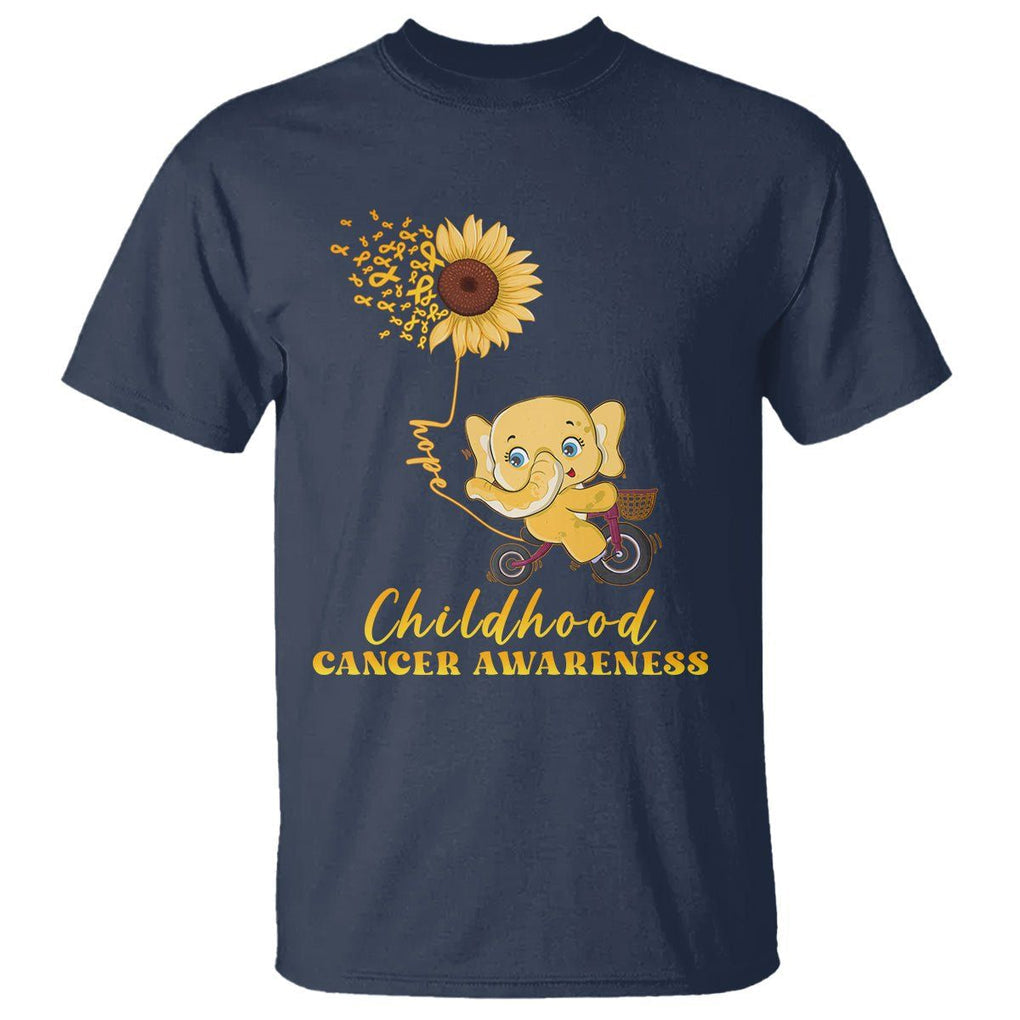 Childhood Cancer Awareness T Shirt Elephant Sunflower Gold Ribbon TS02 Navy Printyourwear
