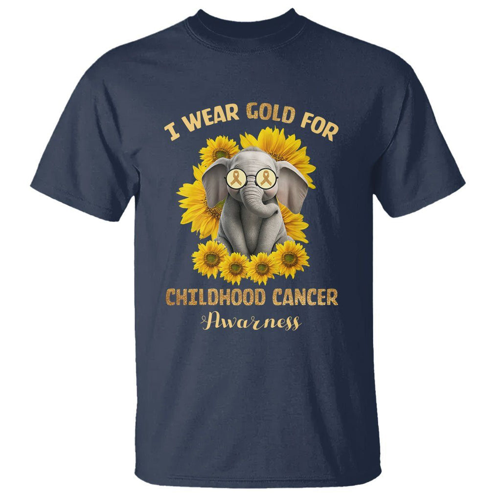 Childhood Cancer Awareness T Shirt Flowers Elephant I Wear Gold For TS02 Navy Printyourwear