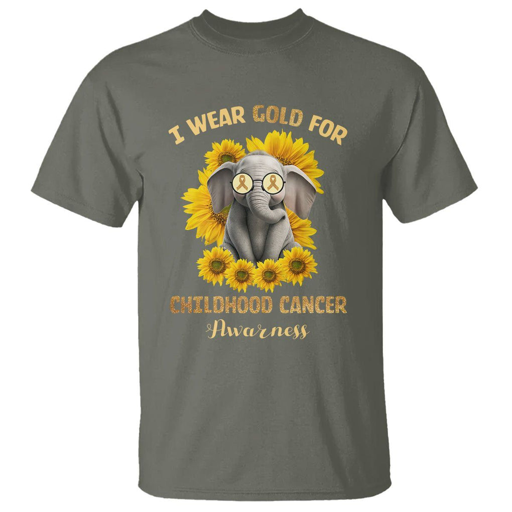 Childhood Cancer Awareness T Shirt Flowers Elephant I Wear Gold For TS02 Military Green Printyourwear