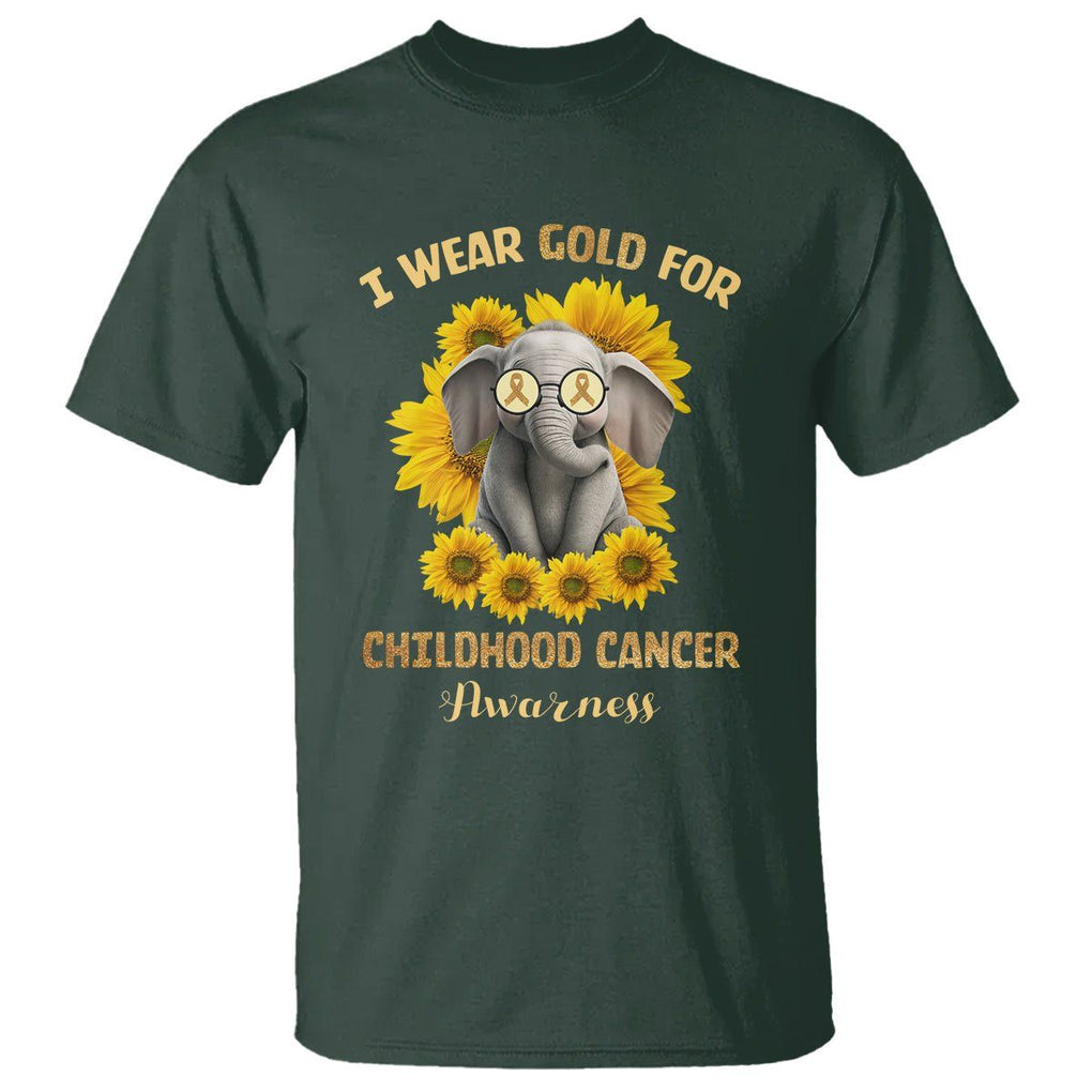 Childhood Cancer Awareness T Shirt Flowers Elephant I Wear Gold For TS02 Dark Forest Green Printyourwear