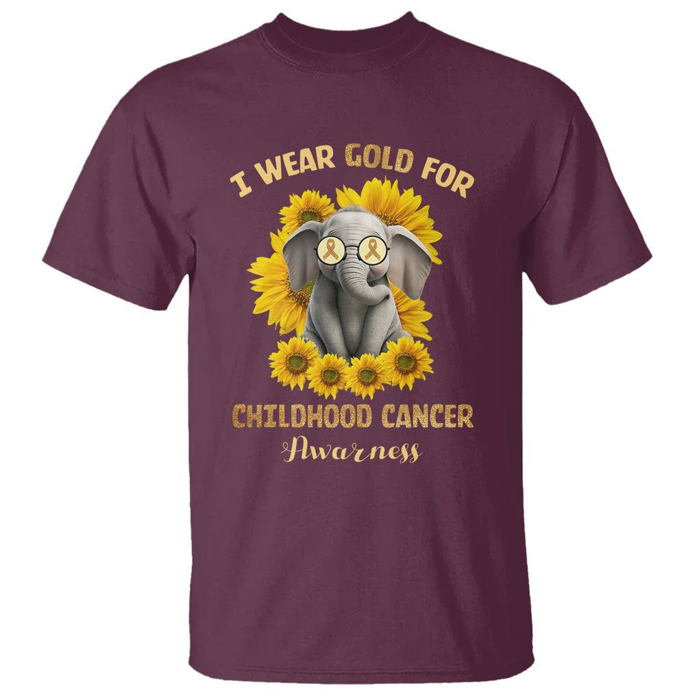 Childhood Cancer Awareness T Shirt Flowers Elephant I Wear Gold For TS02 Maroon Printyourwear