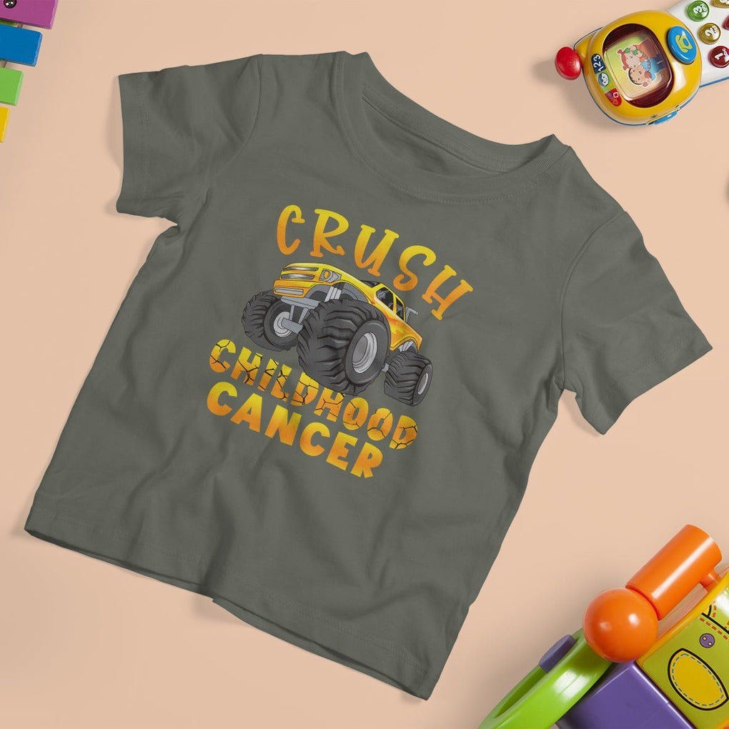 Childhood Cancer Awareness T Shirt For Kid Crush Childhood Cancer Monster Truck Gold Ribbon TS02 Military Green Print Your Wear