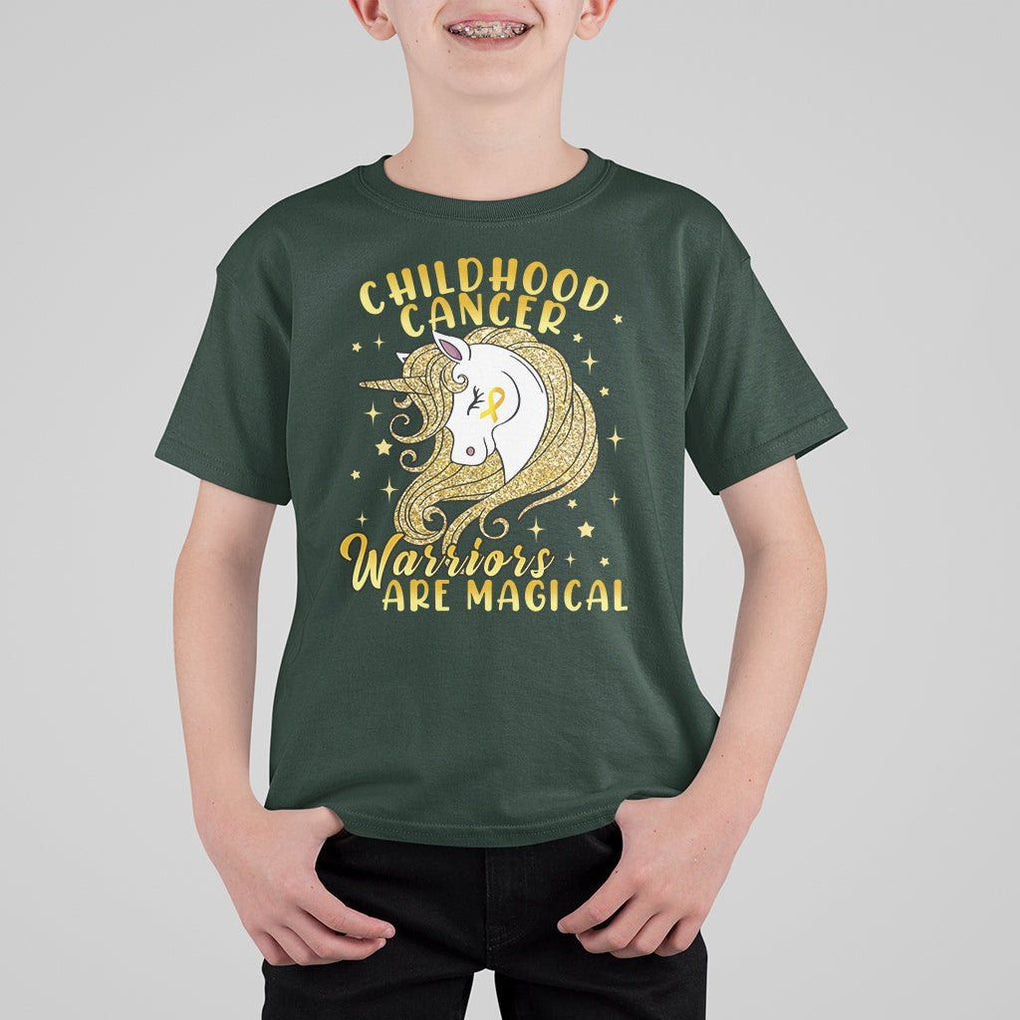 Childhood Cancer Awareness T Shirt For Kid Warriors Are Magical Unicorn Gold Ribbon TS02 Dark Forest Green Print Your Wear