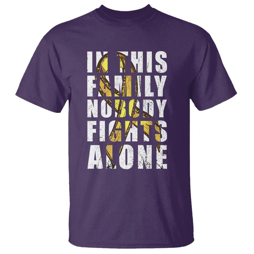Childhood Cancer Awareness T Shirt In This Family Nobody Fights Alone Gold Ribbon Support Squad TS02 Purple Printyourwear
