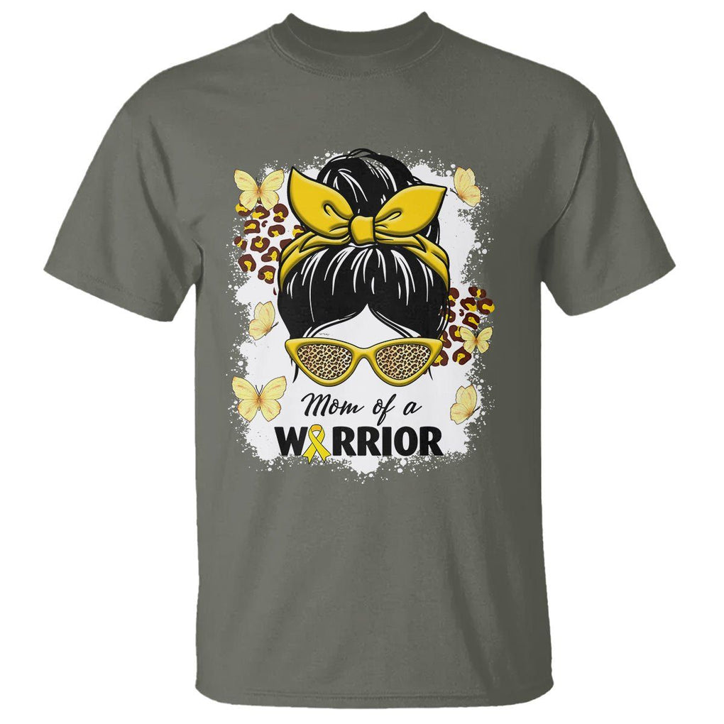 Childhood Cancer Awareness T Shirt Mom Of A Warrior Messy Bun Gold Ribbon Support Squad TS02 Military Green Printyourwear