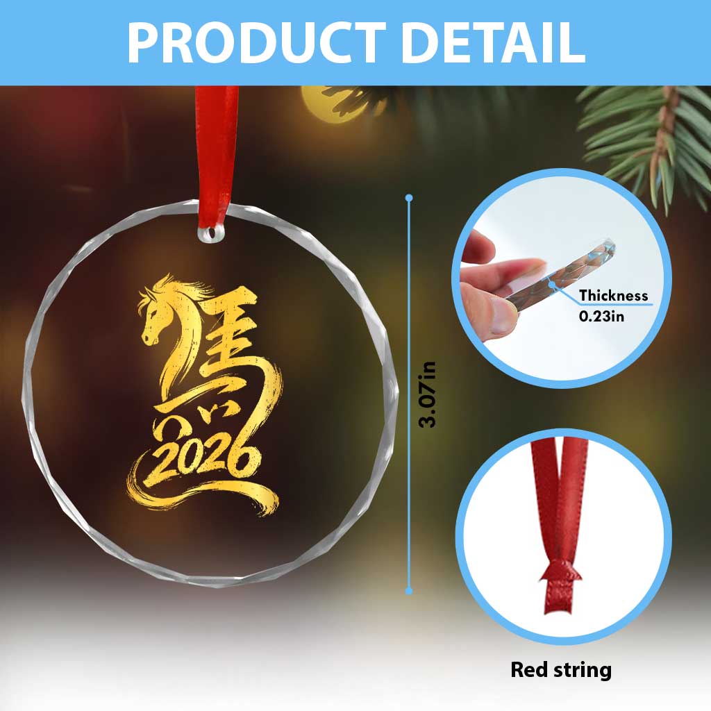 Chinese New Year 2026 Crystal Glass Ornament Year of The Horse Gold Calligraphy Art TS11 Print Your Wear