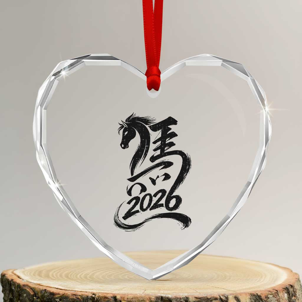 Chinese New Year 2026 Heart Crystal Glass Ornament Year of The Horse Calligraphy Ink Art TS11 Transparent Glass 3'' Heart Print Your Wear