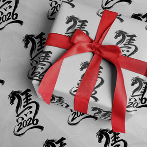 Chinese New Year 2026 Wrapping Paper Roll Year of The Horse Calligraphy Ink Art TS11 White Print Your Wear