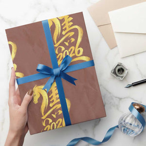 Chinese New Year 2026 Wrapping Paper Roll Year of The Horse Gold Calligraphy Art TS11 Mocha Print Your Wear