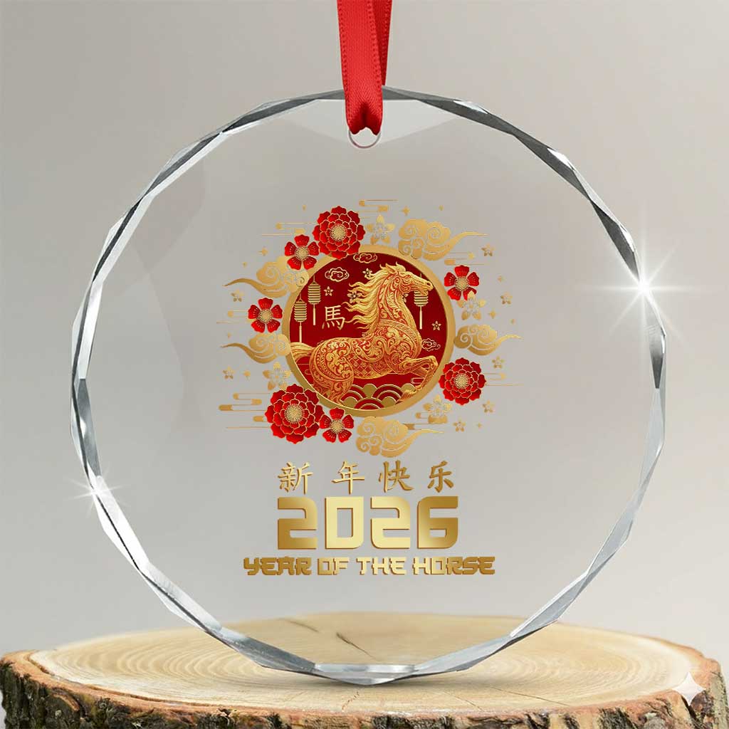 Chinese New Year 2026 Year of The Horse Crystal Glass Ornament - Golden Zodiac Horse TS11 Transparent Glass 3'' Circle Print Your Wear