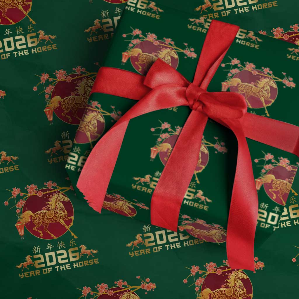 Chinese New Year 2026 Year of The Horse Wrapping Paper Roll Cherry Blossom TS11 Green Print Your Wear