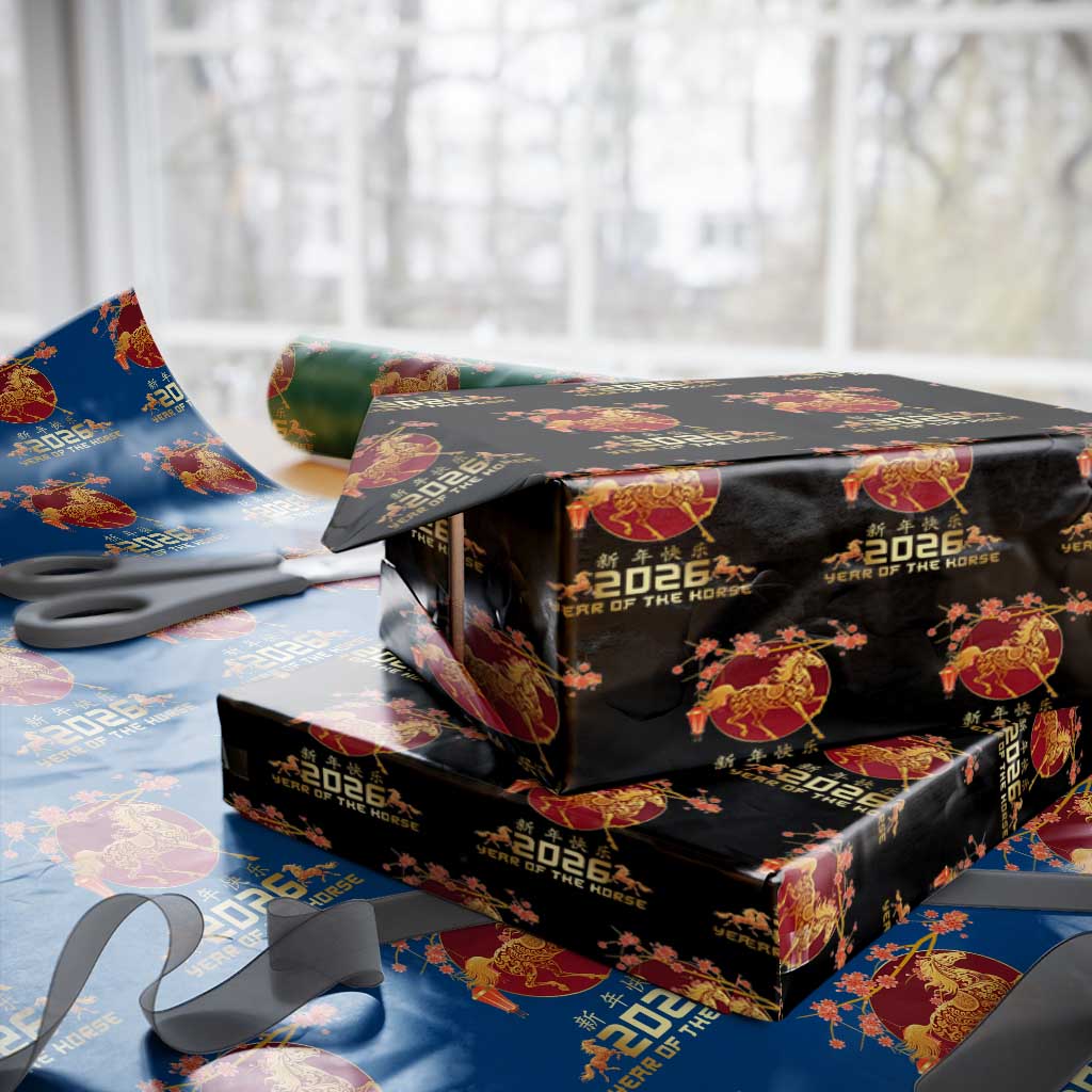Chinese New Year 2026 Year of The Horse Wrapping Paper Roll Cherry Blossom TS11 Black Print Your Wear