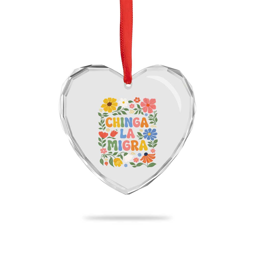 Chinga La Migra Heart Crystal Glass Ornament Funny Boho Floral Resist Retro Pro Immigration TS10 Print Your Wear