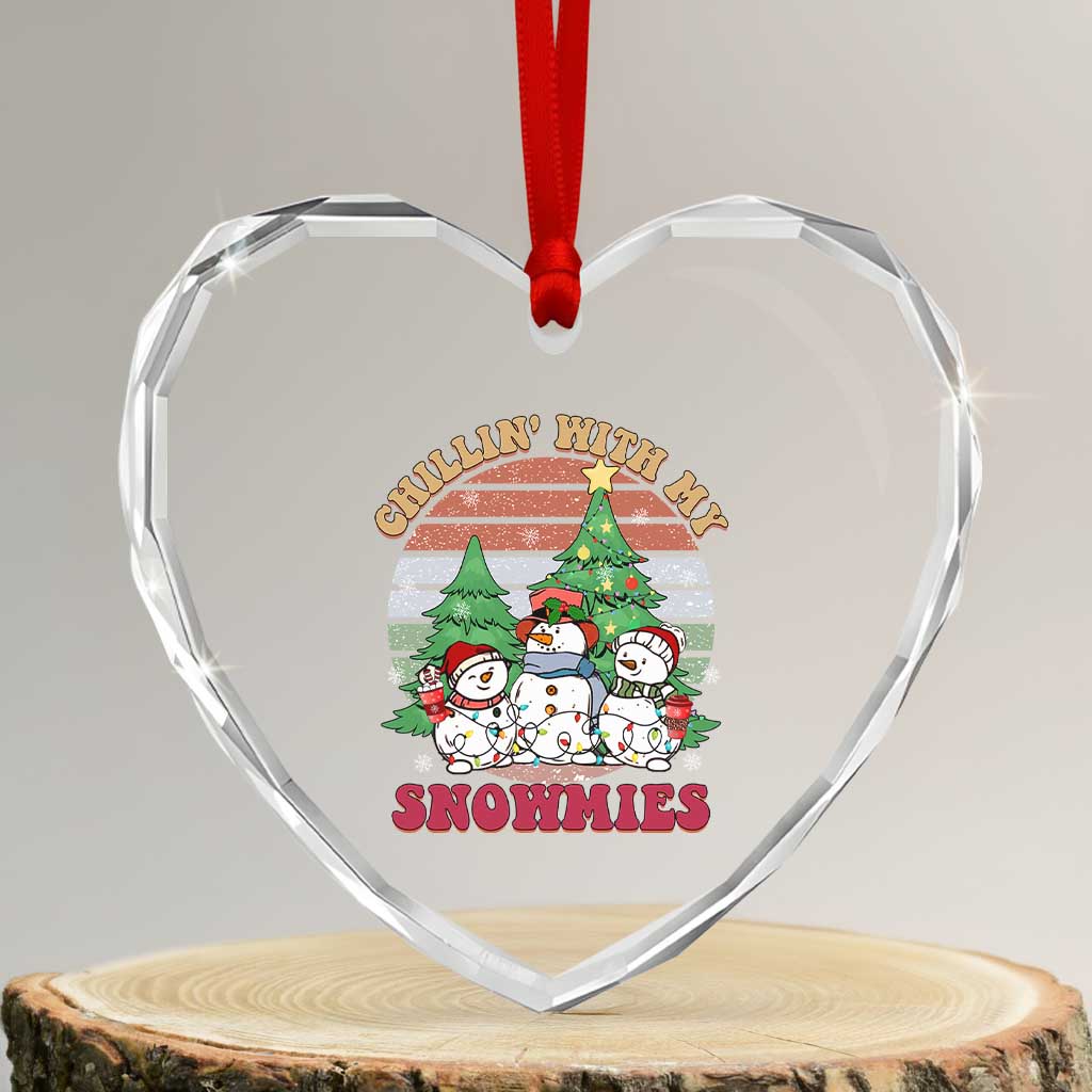 Chrismas Snowman Heart Crystal Glass Ornament Chillin' With My Snowmies Retro Xmas Vibe TS02 Transparent Glass 3'' Heart Print Your Wear