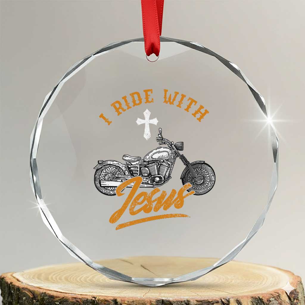 Christian Biker Crystal Glass Ornament I Ride With Jesus Faith Motorcycle TS02 Transparent Glass 3'' Circle Print Your Wear
