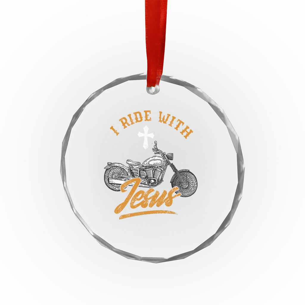 Christian Biker Crystal Glass Ornament I Ride With Jesus Faith Motorcycle TS02 Transparent Glass 3'' Circle Print Your Wear