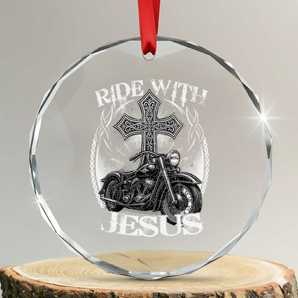 Christian Biker Crystal Glass Ornament Ride With Jesus Religious Faith Motorcycle Rider TS11 Transparent Glass 3'' Circle Print Your Wear