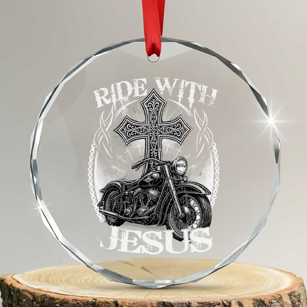 Christian Biker Crystal Glass Ornament Ride With Jesus Religious Faith Motorcycle Rider TS11 Transparent Glass 3'' Circle Print Your Wear