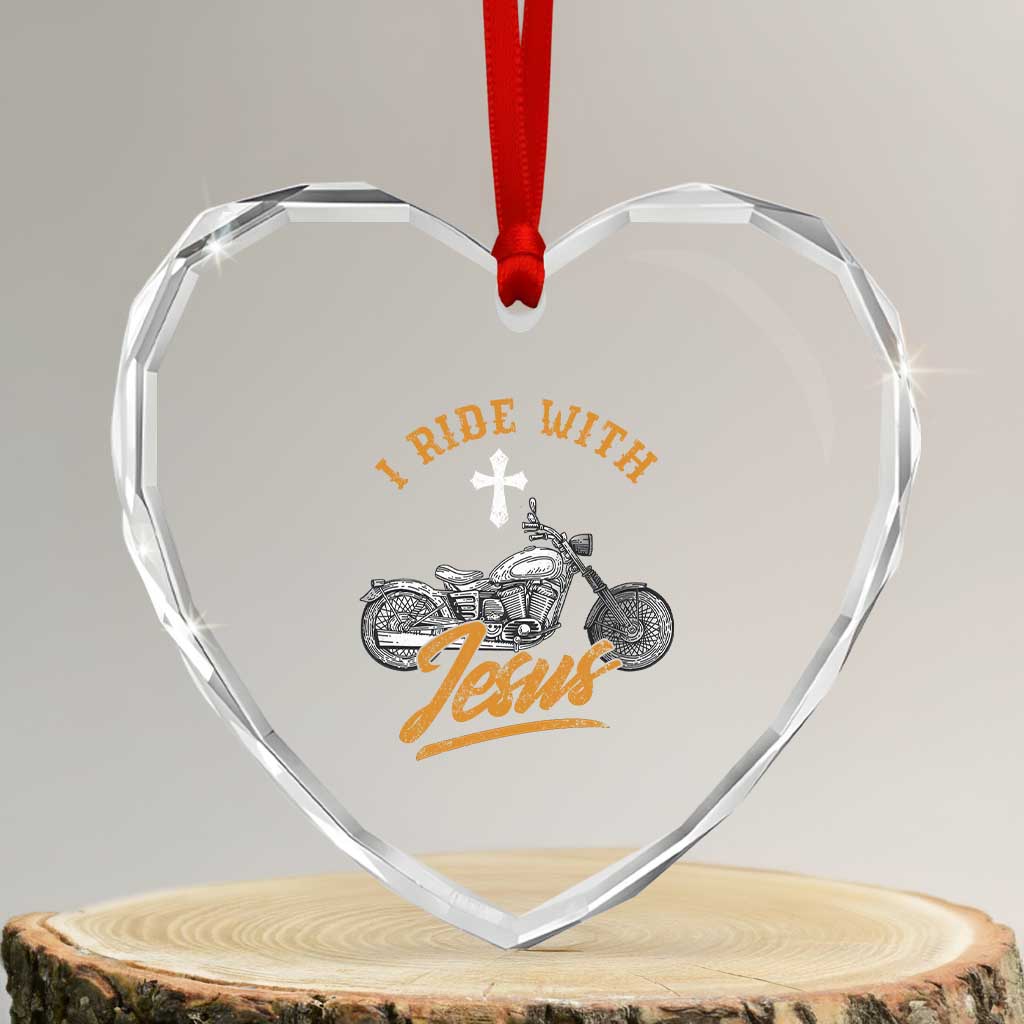 Christian Biker Heart Crystal Glass Ornament I Ride With Jesus Faith Motorcycle TS02 Transparent Glass 3'' Heart Print Your Wear