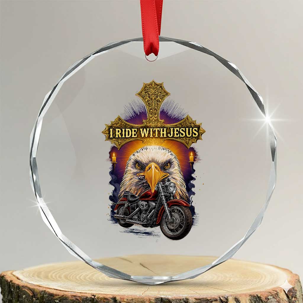 Christian Biker I Ride With Jesus Crystal Glass Ornament Religious Faith Motorcycle Rider Eagle TS11 Transparent Glass 3'' Circle Print Your Wear