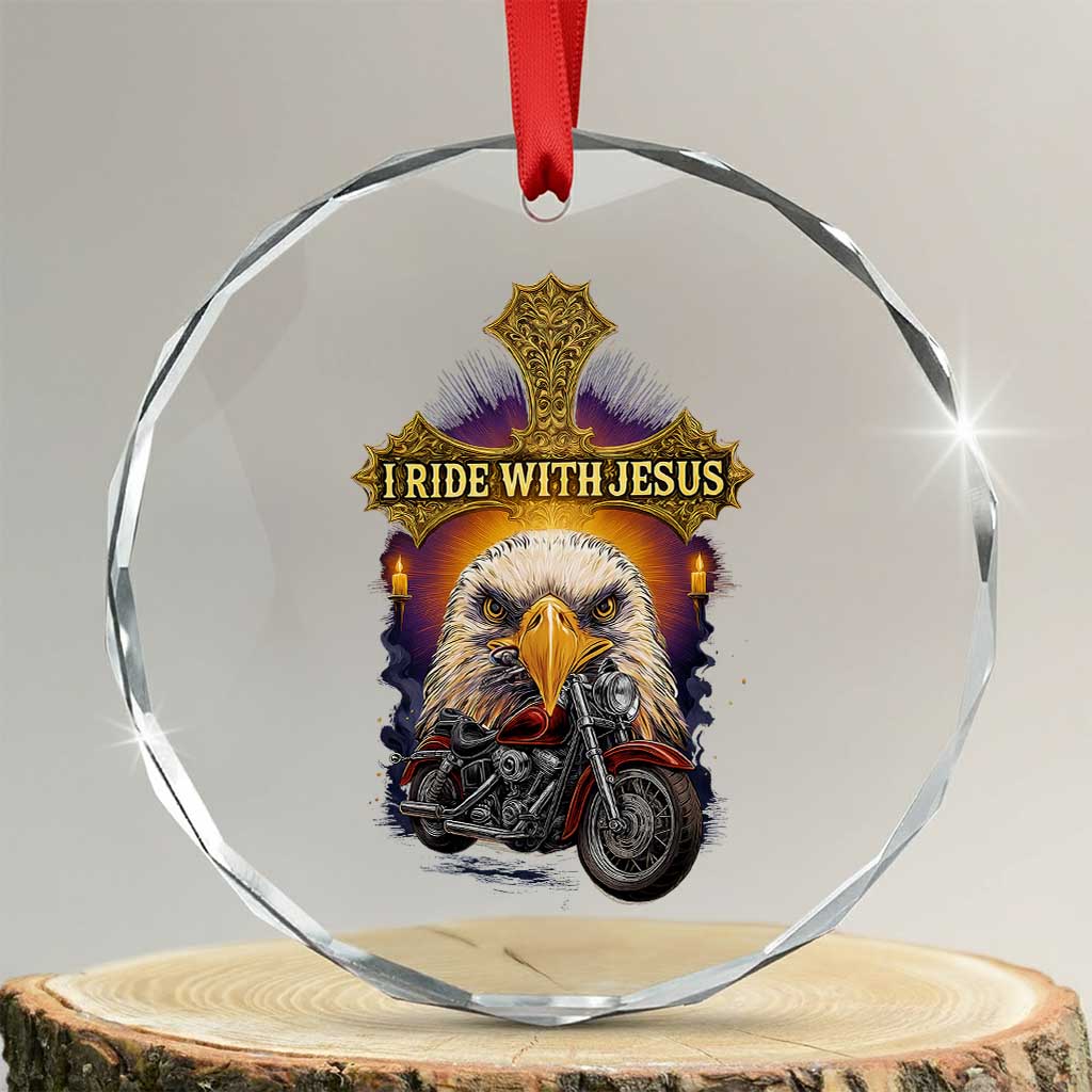 Christian Biker I Ride With Jesus Crystal Glass Ornament Religious Faith Motorcycle Rider Eagle TS11 Transparent Glass 3'' Circle Print Your Wear