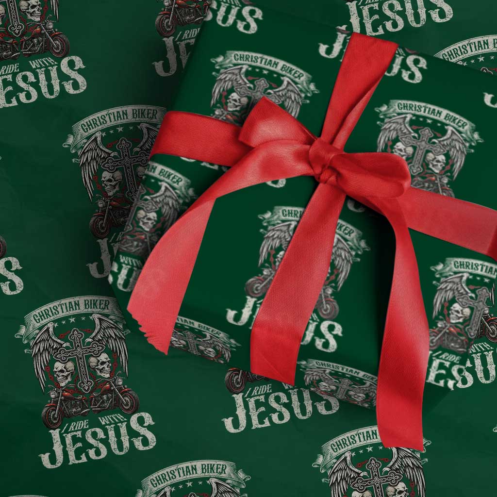 Christian Biker I Ride With Jesus Wrapping Paper Roll Religious Faith Motorcycle Rider Skull TS11 Green Print Your Wear