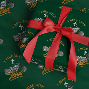 Christian Biker Wrapping Paper Roll I Ride With Jesus Faith Motorcycle TS02 Green Print Your Wear
