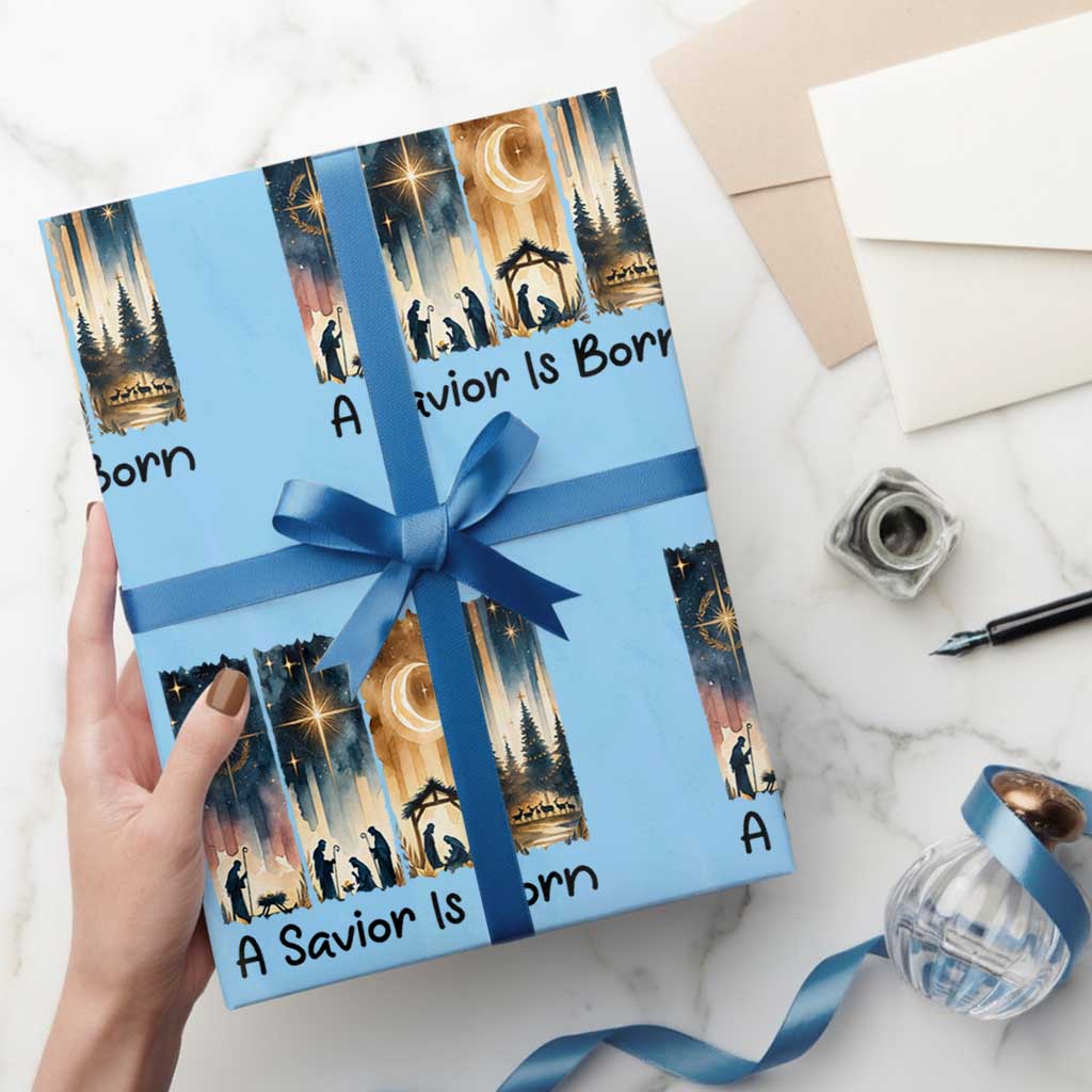 Christian Christmas Wrapping Paper Roll A Savior Is Born Jesus Nativity Scene TS11 Light Blue Print Your Wear