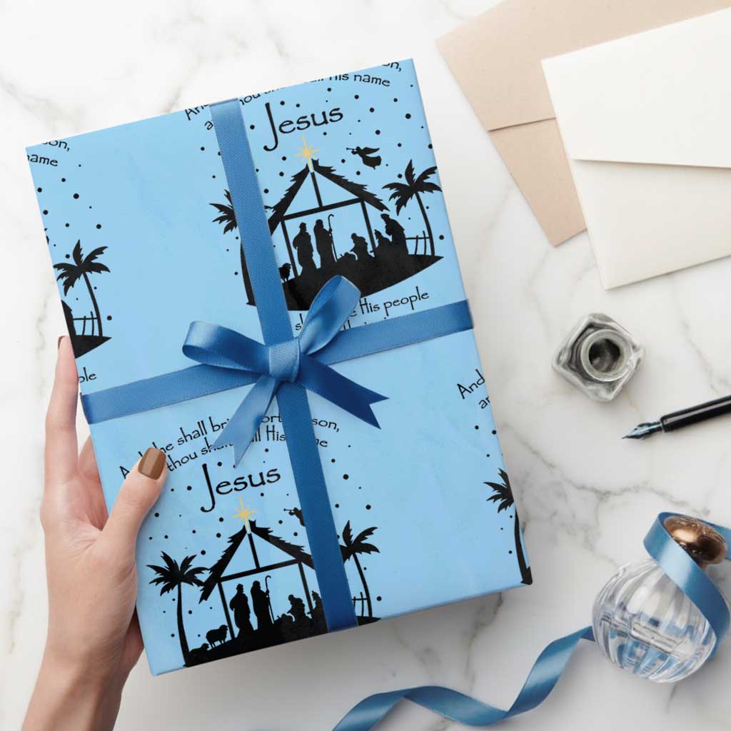 Christian Christmas Wrapping Paper Roll And She Shall Bring Forth A Son And Thou Shalt Call His Name Jesus TS11 Light Blue Print Your Wear