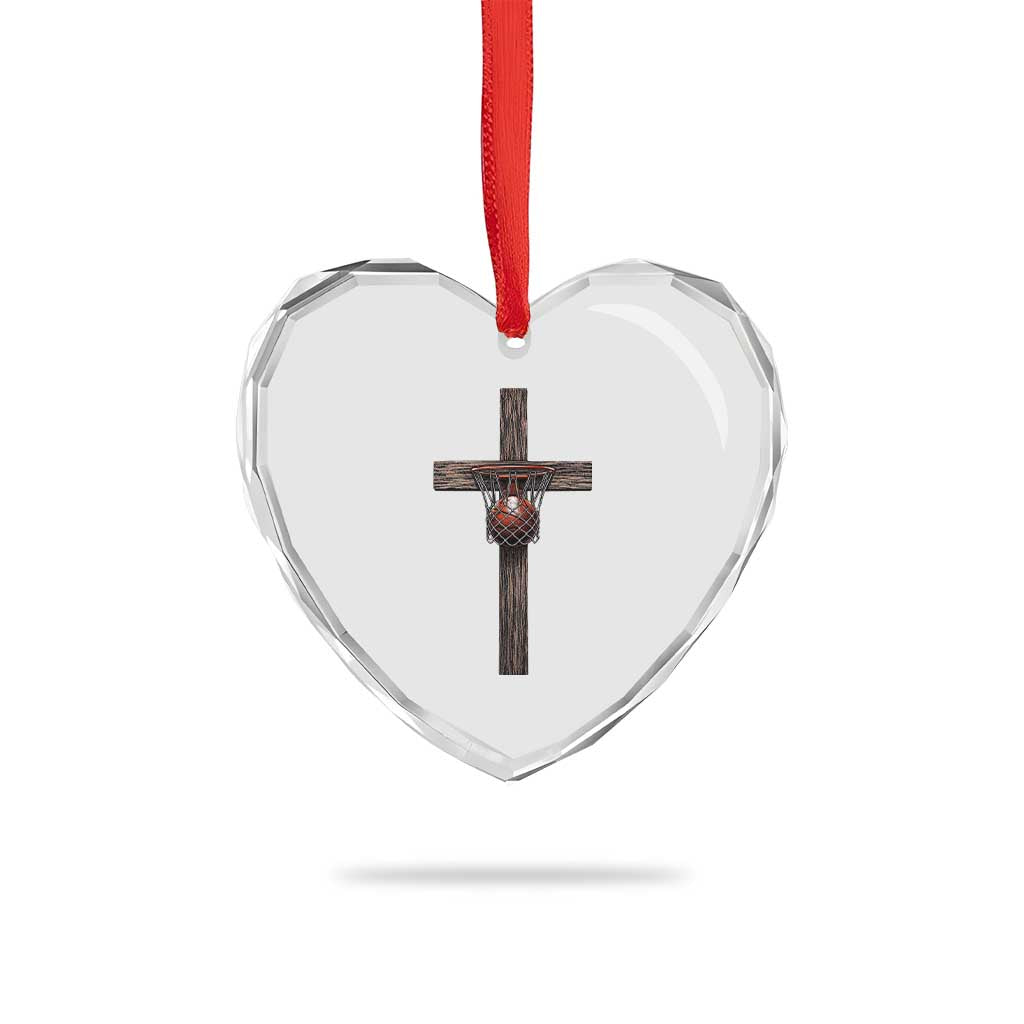 Christian Cross Basketball Heart Crystal Glass Ornament Faith Basketball Player Graphic
