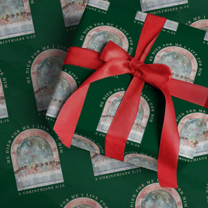 Christian Faith Last Supper Scripture Wrapping Paper Roll He Died for Me So I Live for Him Corinthians 5:15 Inspiration TS02 Green Print Your Wear