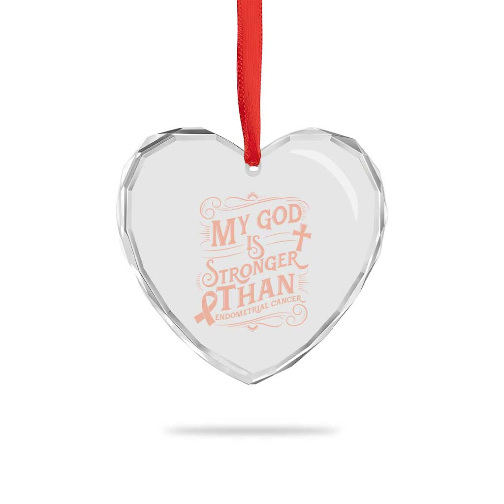Christian Faith Peach Ribbon Heart Crystal Glass Ornament My God Is Stronger Than Endometrial Cancer