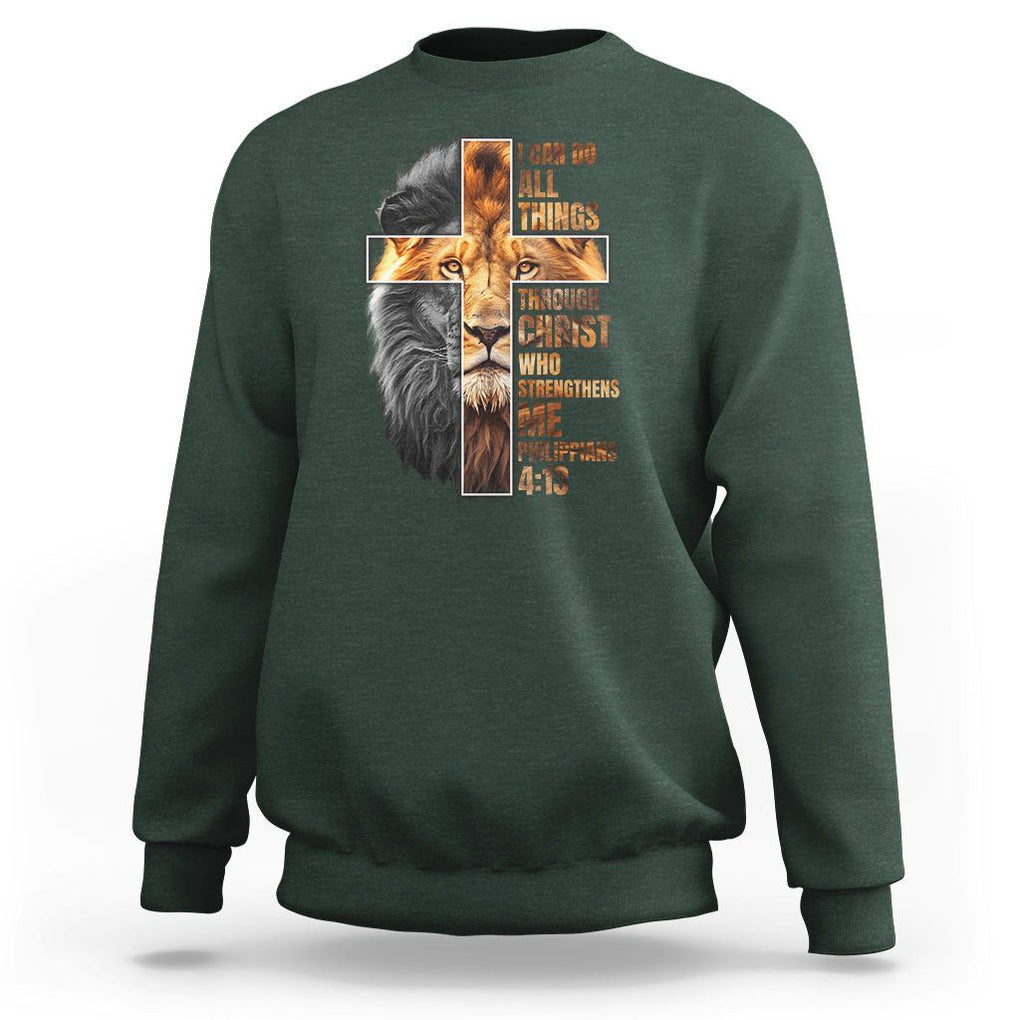 Christian Faith Sweatshirt Lion I Can Do All Things Through Christ Who Strengthers Me TS09 Dark Forest Green Printyourwear