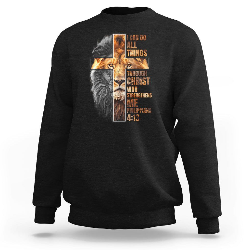 Christian Faith Sweatshirt Lion I Can Do All Things Through Christ Who Strengthers Me TS09 Black Printyourwear