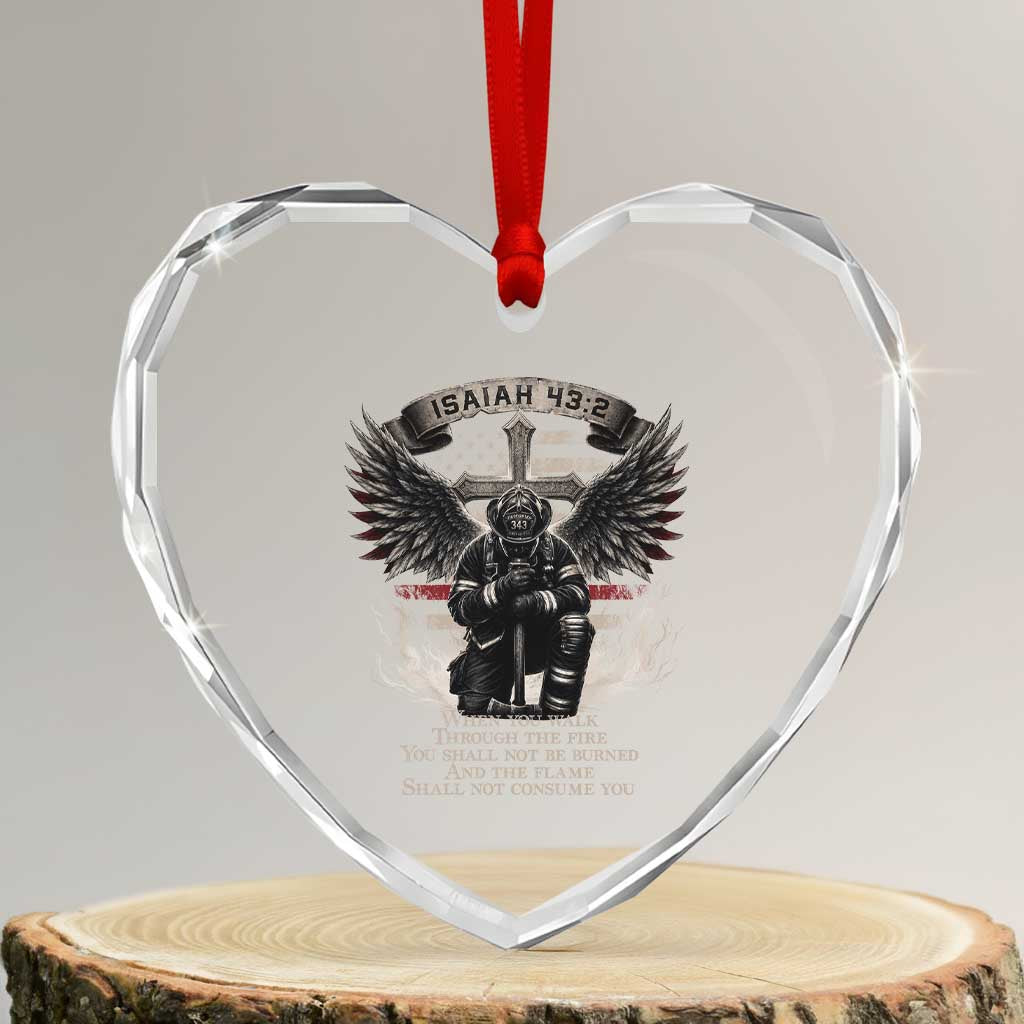 Christian Firefighter Heart Crystal Glass Ornament When You Walk Through The Fire You Shall Not Be Burned American Flag