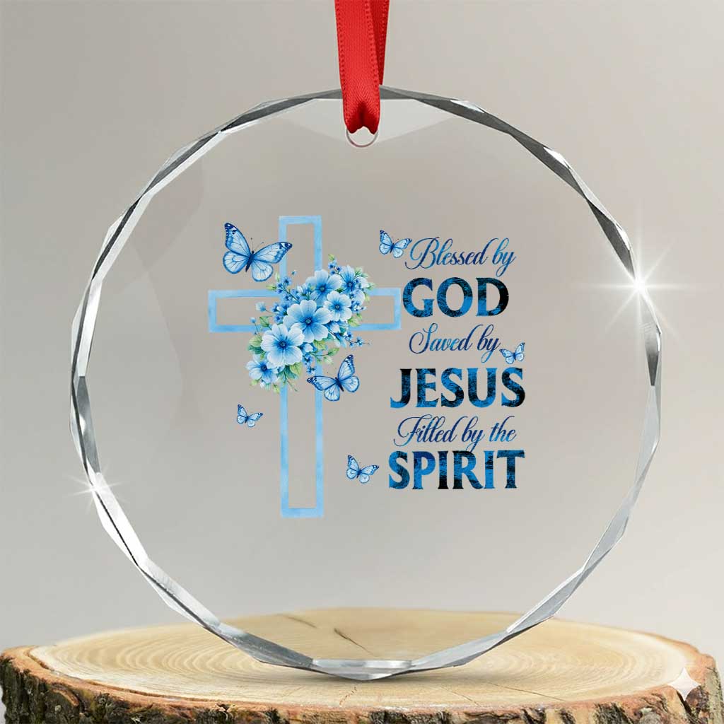 Christian Jesus Crystal Glass Ornament Blessed By God Saved By Jesus Blue Floral Cross Butterfly Art TS10 Transparent Glass 3'' Circle Print Your Wear