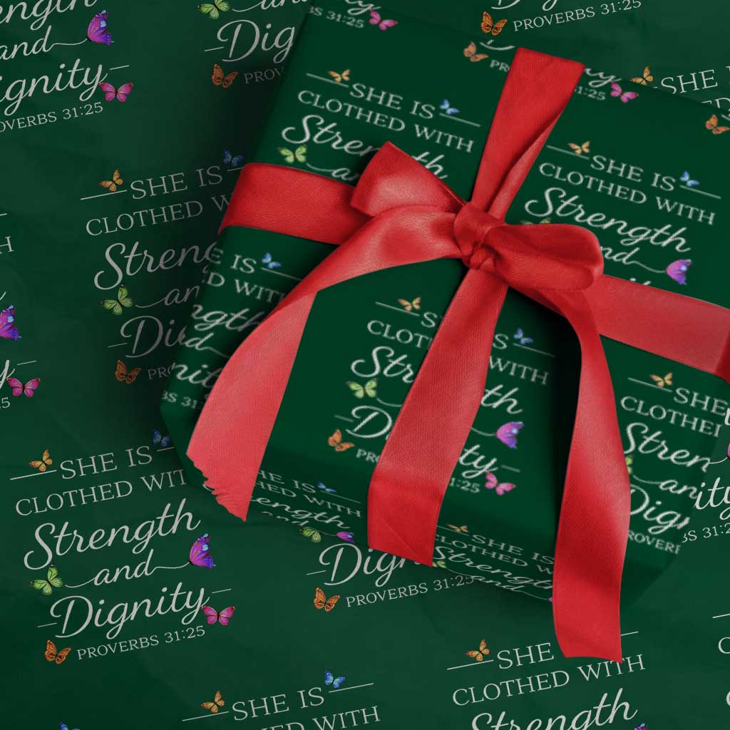Christian Jesus Wrapping Paper Roll Strength Dignity Encouraging Bible Verse Proverb Butterfly Art TS10 Green Print Your Wear
