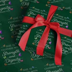 Christian Jesus Wrapping Paper Roll Strength Dignity Encouraging Bible Verse Proverb Butterfly Art TS10 Green Print Your Wear