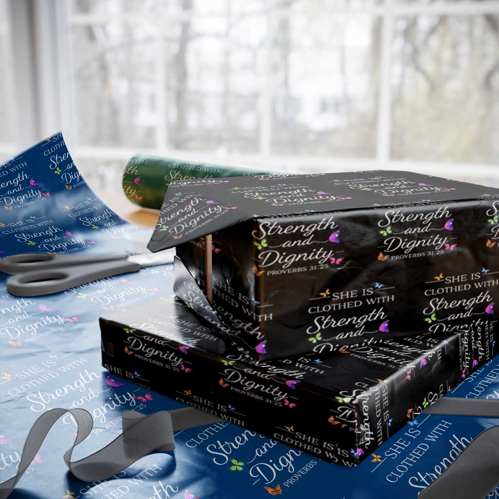Christian Jesus Wrapping Paper Roll Strength Dignity Encouraging Bible Verse Proverb Butterfly Art TS10 Black Print Your Wear
