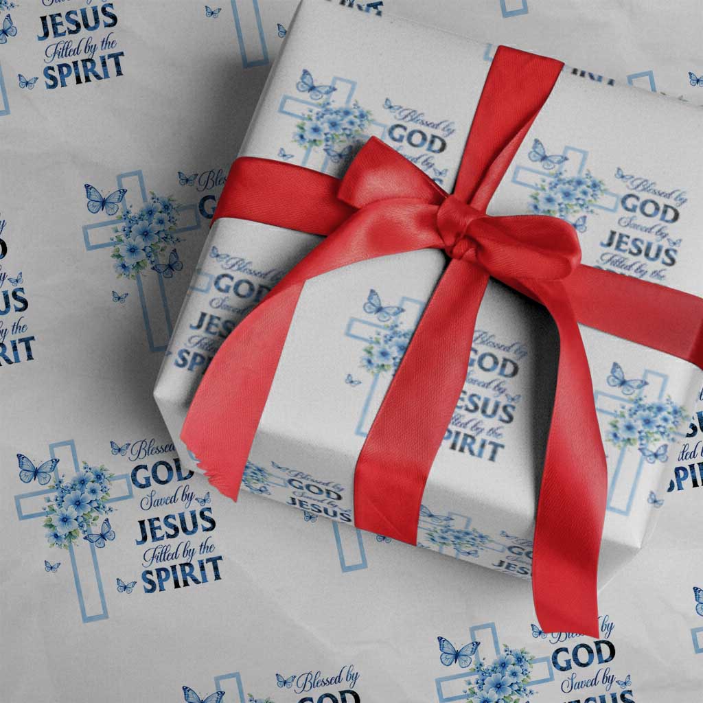 Christian Jesus Wrapping Paper Roll Blessed By God Saved By Jesus Blue Floral Cross Butterfly Art TS10 White Print Your Wear