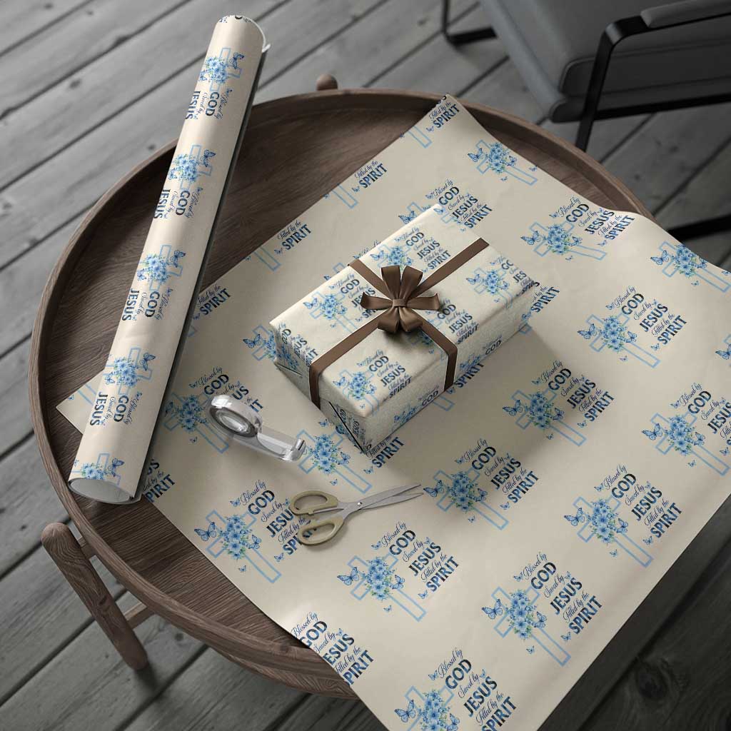 Christian Jesus Wrapping Paper Roll Blessed By God Saved By Jesus Blue Floral Cross Butterfly Art TS10 Beige Print Your Wear