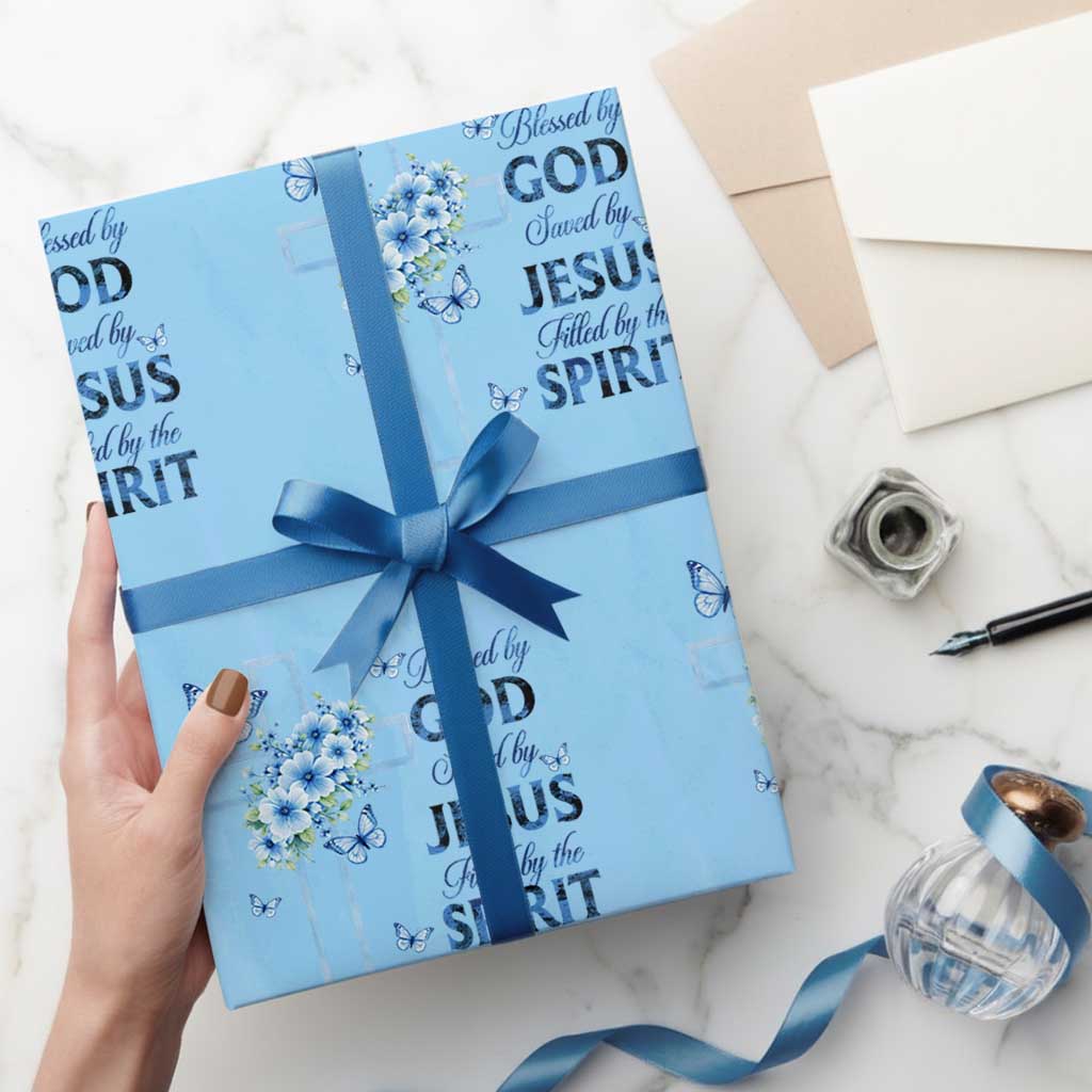 Christian Jesus Wrapping Paper Roll Blessed By God Saved By Jesus Blue Floral Cross Butterfly Art TS10 Light Blue Print Your Wear