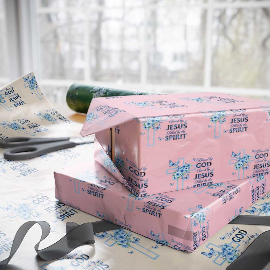 Christian Jesus Wrapping Paper Roll Blessed By God Saved By Jesus Blue Floral Cross Butterfly Art TS10 Light Pink Print Your Wear