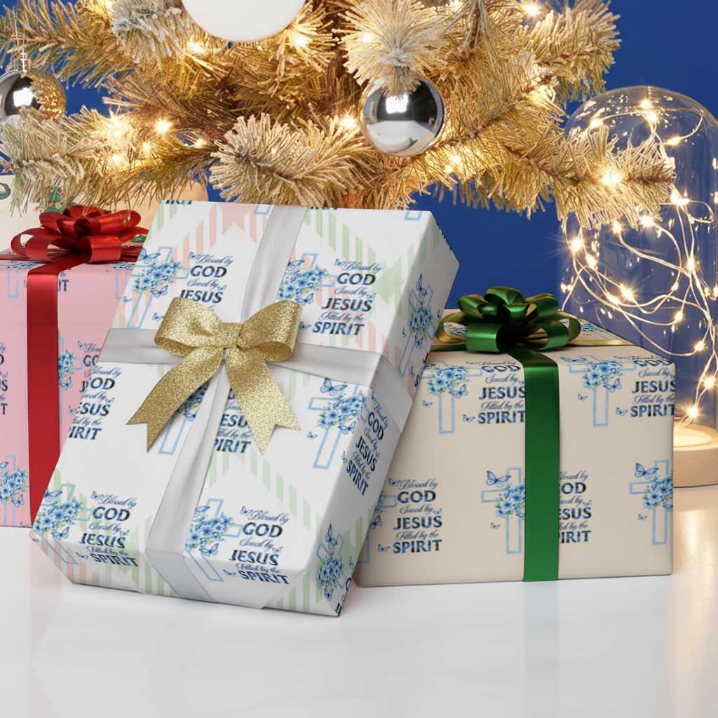 Christian Jesus Wrapping Paper Roll Blessed By God Saved By Jesus Blue Floral Cross Butterfly Art TS10 Print Your Wear
