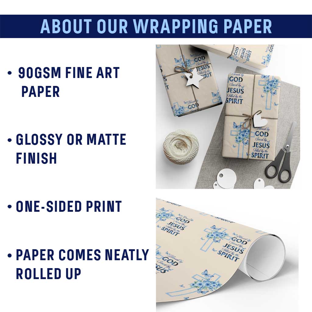 Christian Jesus Wrapping Paper Roll Blessed By God Saved By Jesus Blue Floral Cross Butterfly Art TS10 Print Your Wear