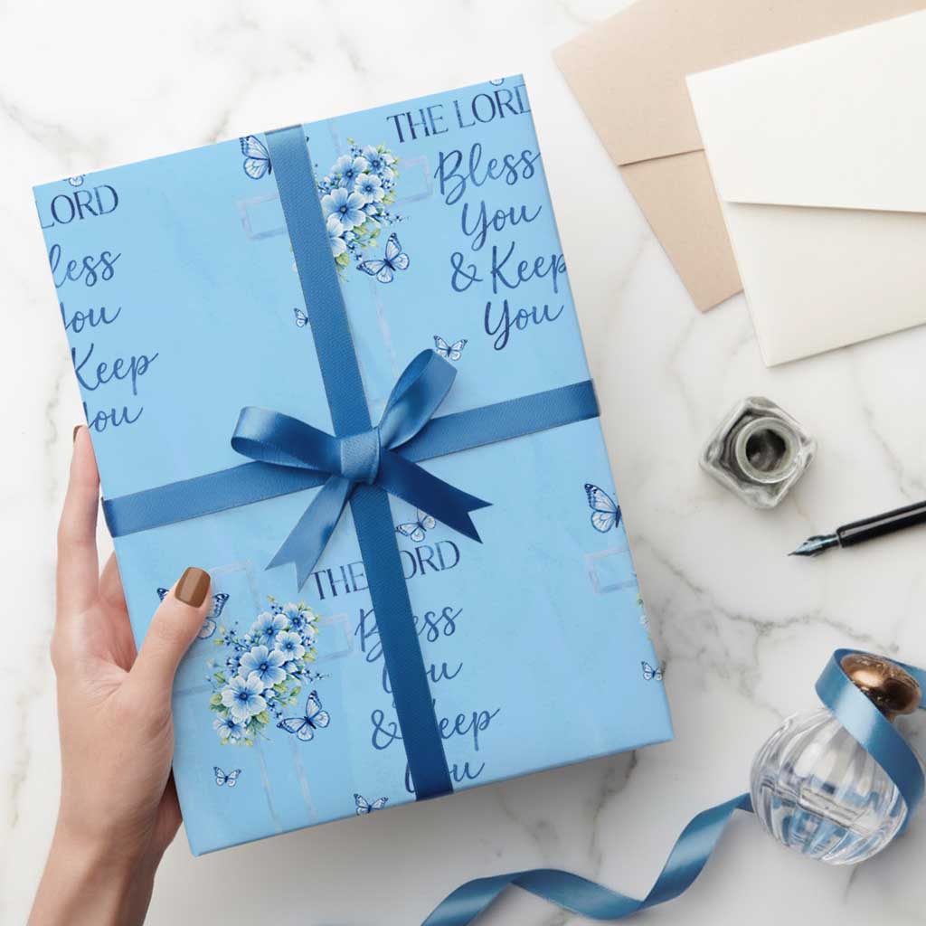 Christian Jesus Wrapping Paper Roll The Lord Bless You Encouraging Bible Verse Butterfly Art TS10 Light Blue Print Your Wear