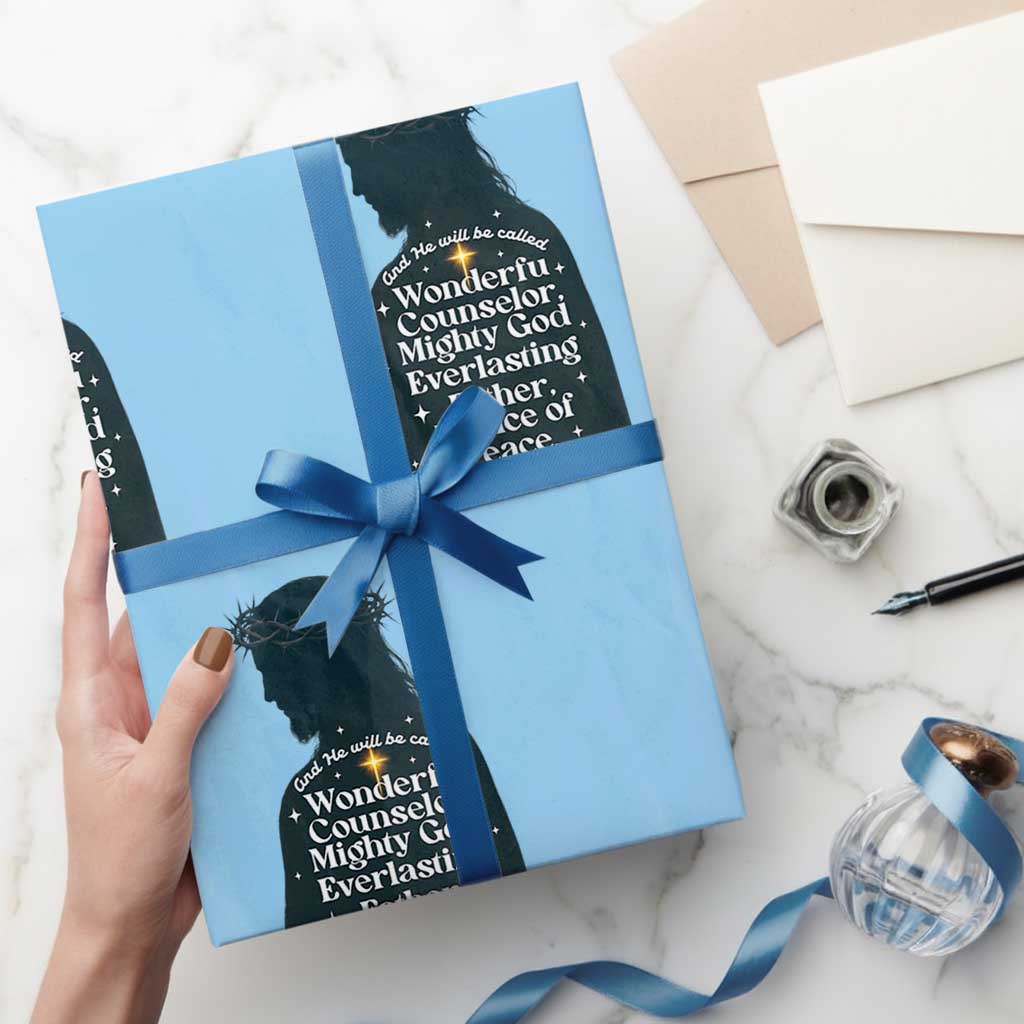 Christian Jesus Wrapping Paper Roll Cross Bible Verse Inspirational Isalah 9:6 TS14 Light Blue Print Your Wear